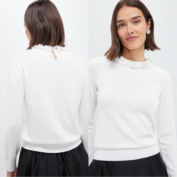 NWT TUCKERNUCK Lina Embellished Wool Blend Crew Neck Pullover Sweater Ivory Sz M - Picture 3 of 6